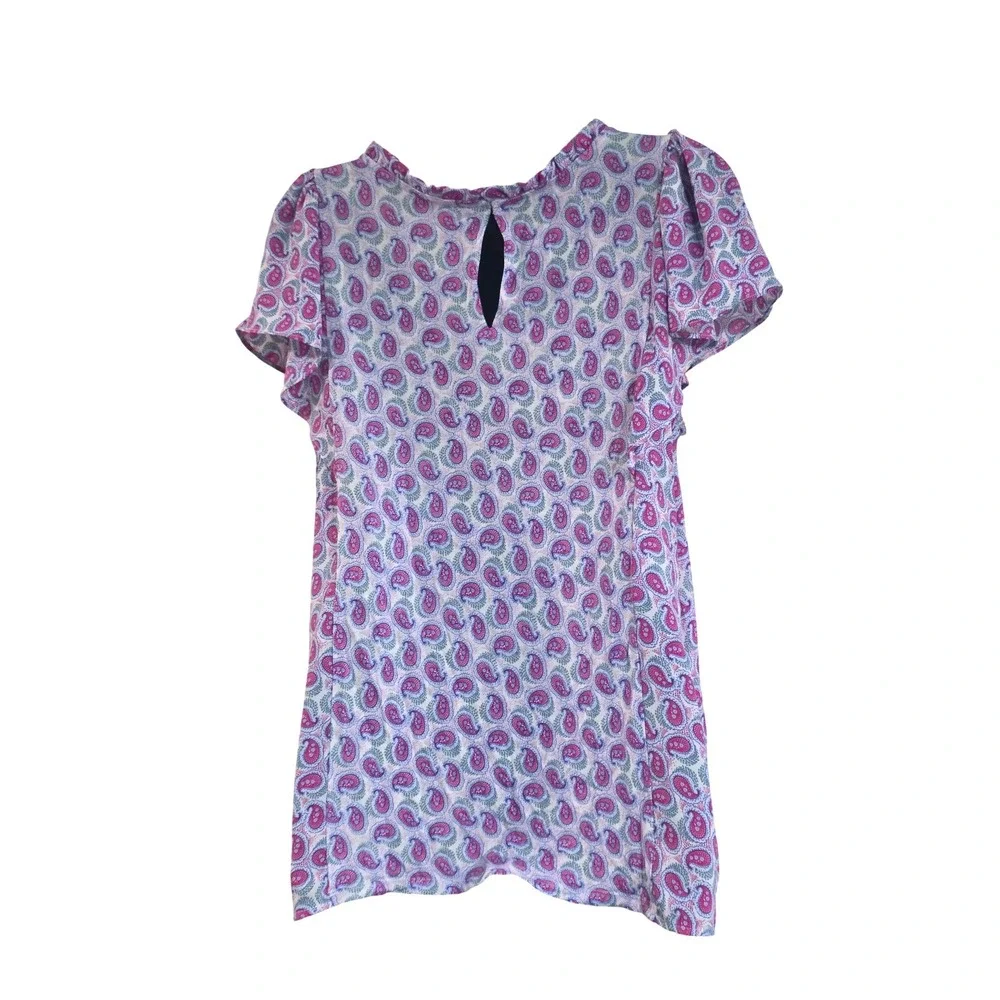 LOFT Womens Pink Purple Paisley Smocked Ruffle Neck Short Sleeve Blouse Size M